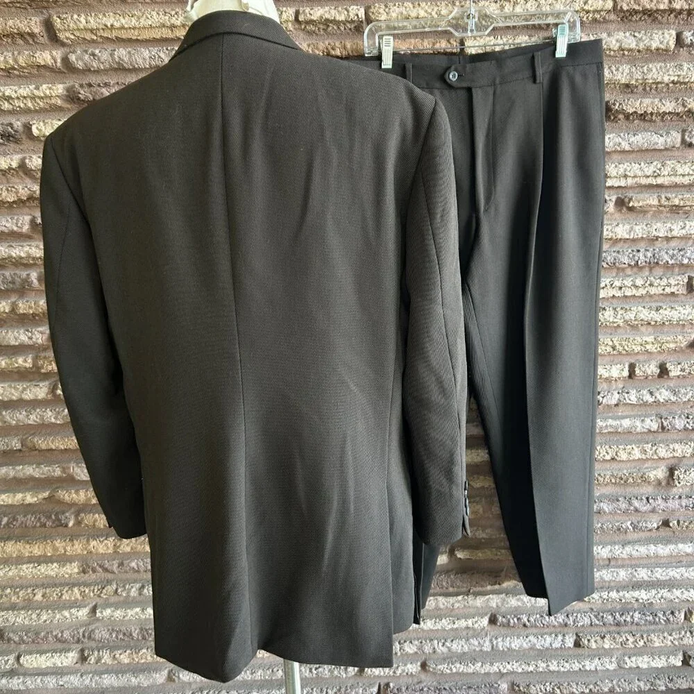Expert by Evergreen Brown Twill Wool Suit 3 Button Blazer Pleated Pants 42/36